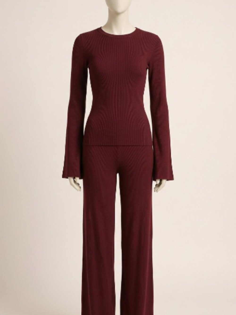 ChicVibe Fashion Wine Red 2 Piece Set M Fitted Round Neck Flared Sleeves